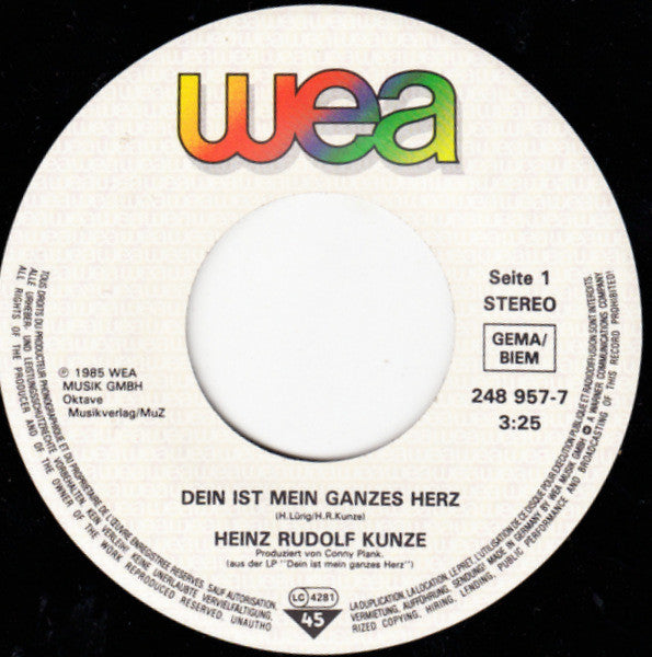 Heinz Rudolf Kunze : Dein Ist Mein Ganzes Herz (7", Single)