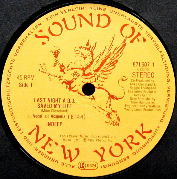 Indeep : Last Night A D.J. Saved My Life (12", Maxi, RE)