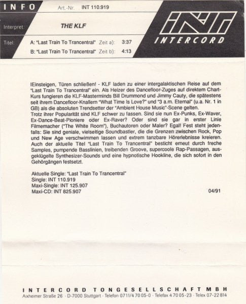 The KLF : Last Train To Trancentral (Live From The Lost Continent) (7", Single)