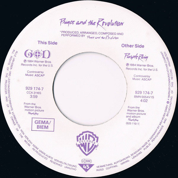 Prince And The Revolution : Purple Rain (7", Single)