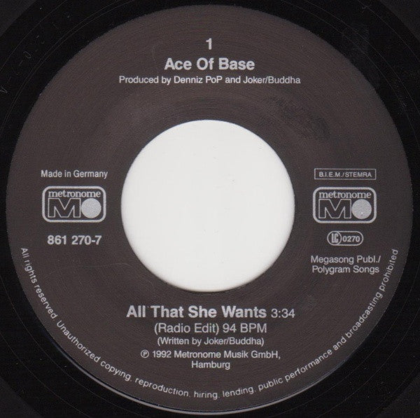 Ace Of Base : All That She Wants (Radio Edit) (7", Single, Pap)