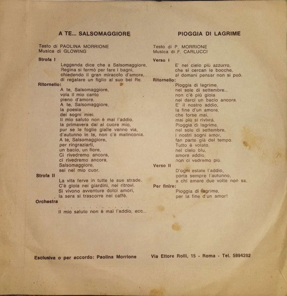 Pino Di Lorenzo : A Te... Salsomaggiore / Pioggia Di Lacrime (7")