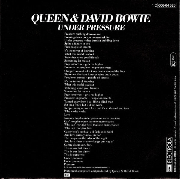 Queen & David Bowie : Under Pressure (7", Single, Bla)