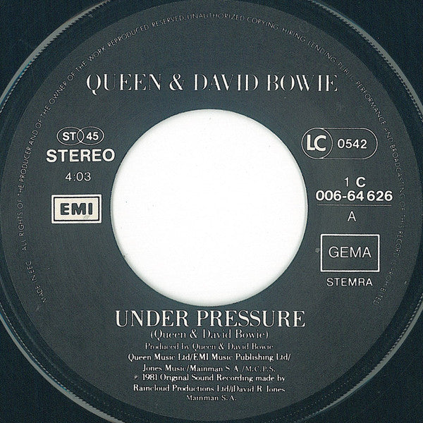 Queen & David Bowie : Under Pressure (7", Single, Bla)