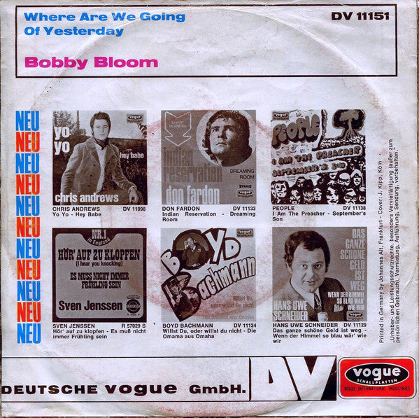 Bobby Bloom : Where Are We Going / Of Yesterday (7", Single)