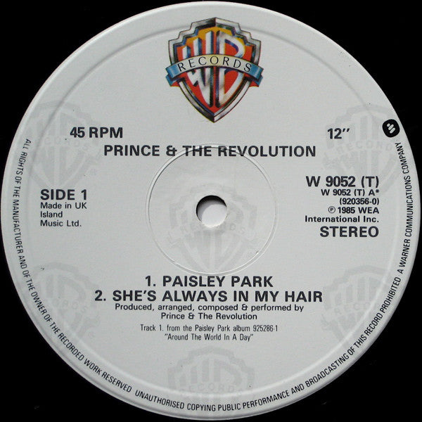 Prince & The Revolution* : Paisley Park (12", Single, PRS)
