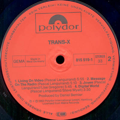 Trans-X : Living On Video (LP, Album, Tra)