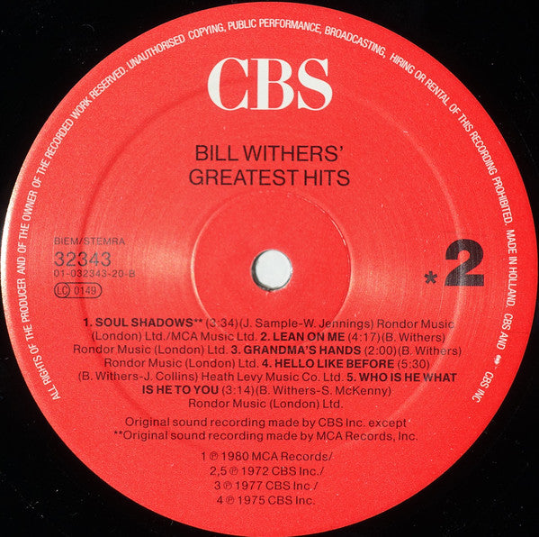 Bill Withers : Bill Withers' Greatest Hits (LP, Comp, RE, Red)