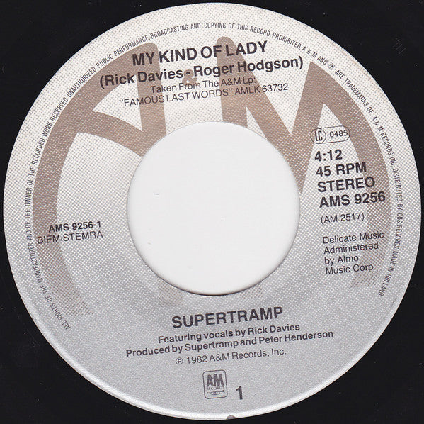 Supertramp : My Kind Of Lady (7", Single)