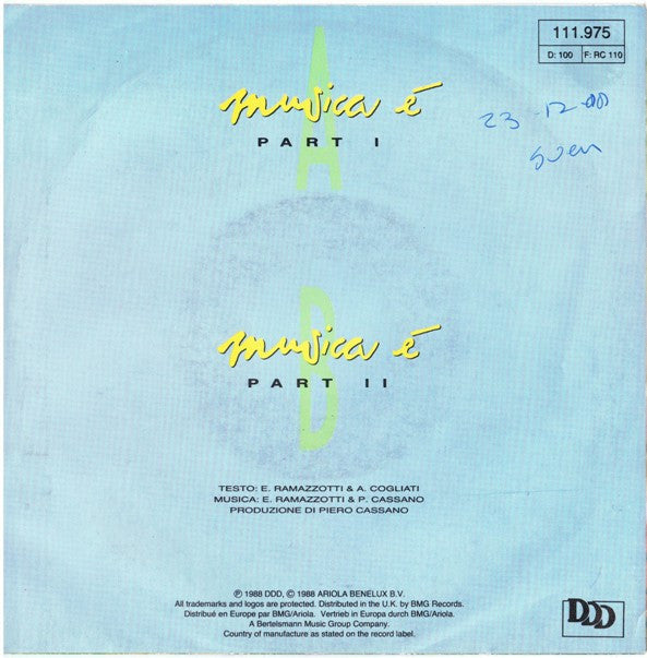 Eros Ramazzotti : Musica È (7", Single)