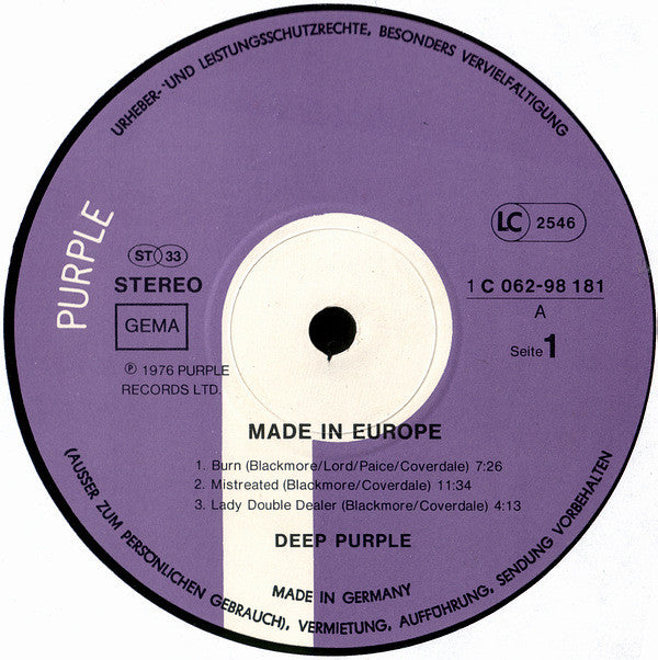 Deep Purple : Made In Europe (LP, Album, Gat)