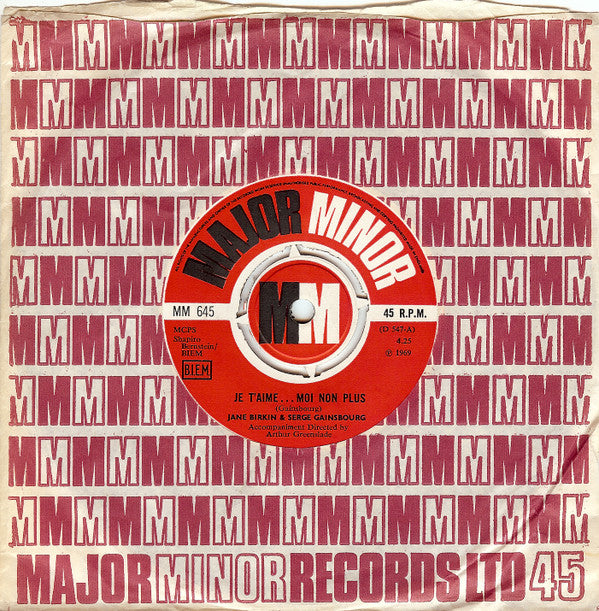 Jane Birkin & Serge Gainsbourg : Je T'aime...Moi Non Plus (7", Single, Mono, RE)