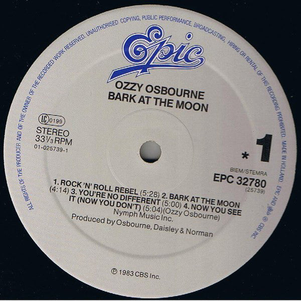 Ozzy Osbourne : Bark At The Moon (LP, Album, RE, RP)