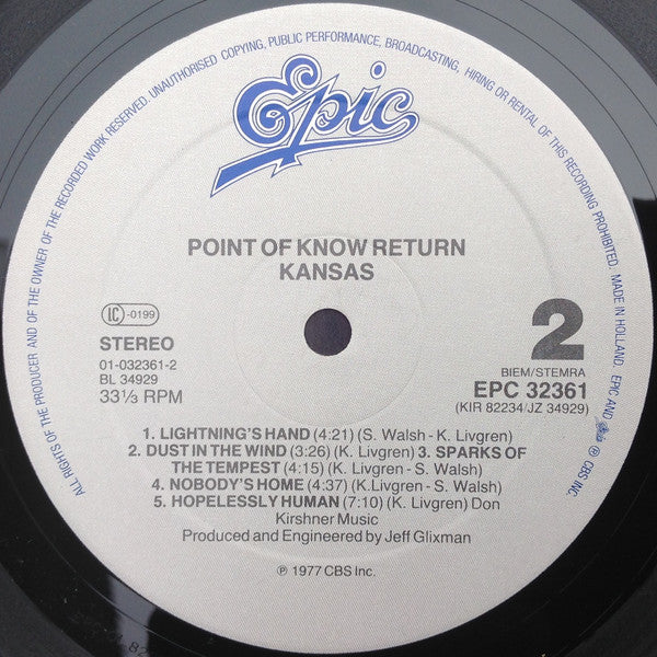 Kansas (2) : Point Of Know Return (LP, Album, RE)