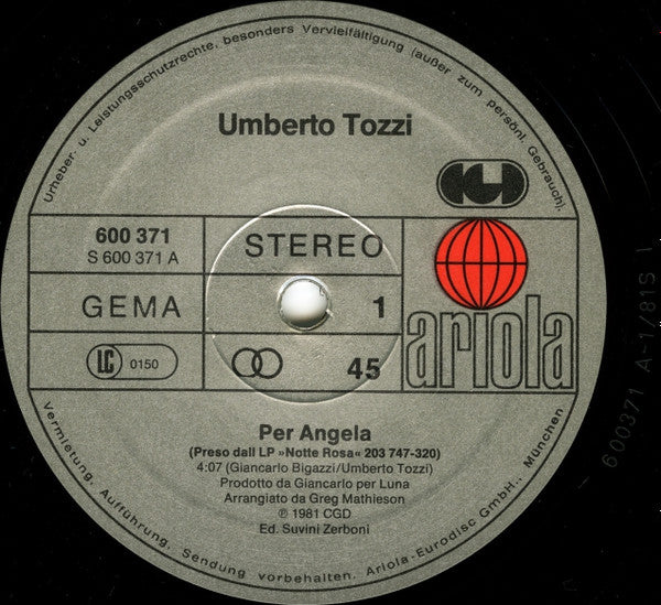 Umberto Tozzi : Per Angela (12")