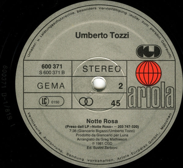 Umberto Tozzi : Per Angela (12")