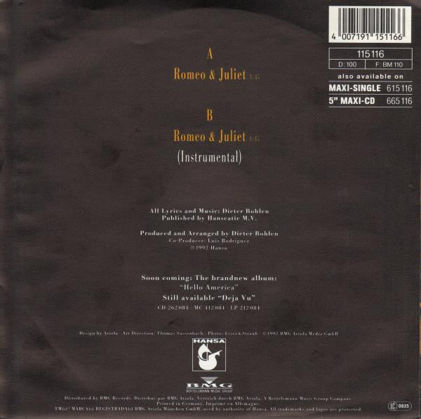 Blue System : Romeo And Juliet (7", Single)