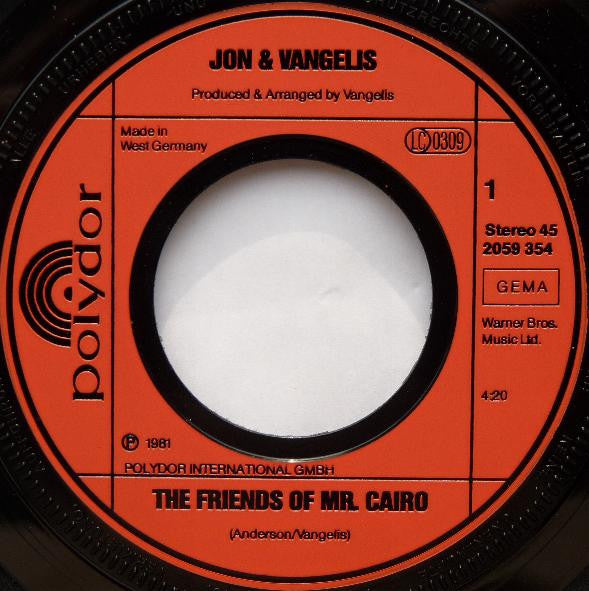 Jon And Vangelis* : The Friends Of Mr. Cairo (7", Single)