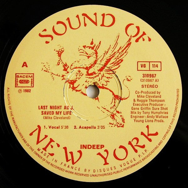Indeep : Last Night A D.J. Saved My Life (Original Version) (12", Single, Ltd)