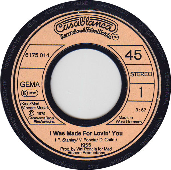 Kiss : I Was Made For Loving You (7", Single, RE)