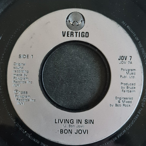 Bon Jovi : Living In Sin (7", Single, Sil)