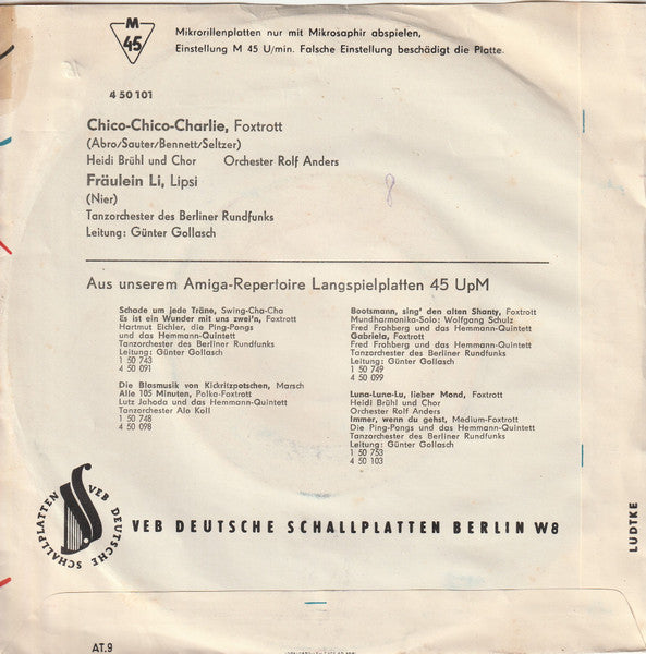 Heidi Brühl / Rundfunk-Tanzorchester Berlin : Chico-Chico-Charlie / Fräulein Li (7", Single, Mono)