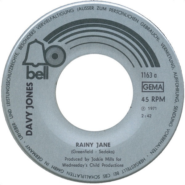 Davy Jones : Rainy Jane (7", Single)