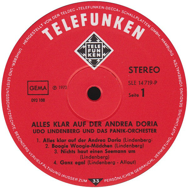 Udo Lindenberg Und Das Panikorchester : Alles Klar Auf Der Andrea Doria (LP, Album)