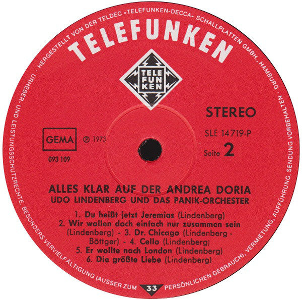 Udo Lindenberg Und Das Panikorchester : Alles Klar Auf Der Andrea Doria (LP, Album)
