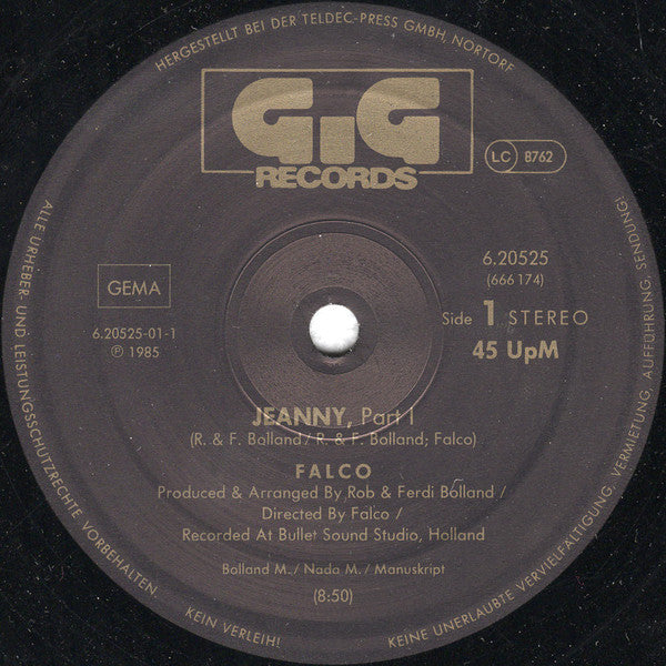Falco : Jeanny (Part 1) (12", Maxi)