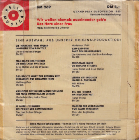 Mady Riehl Und Die Urbanos / Carl Gross : Wir Wollen Niemals Auseinander Gehen / Das Herz Einer Frau (7", Single)