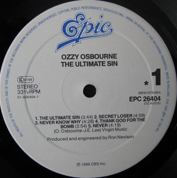 Ozzy Osbourne : The Ultimate Sin (LP, Album)