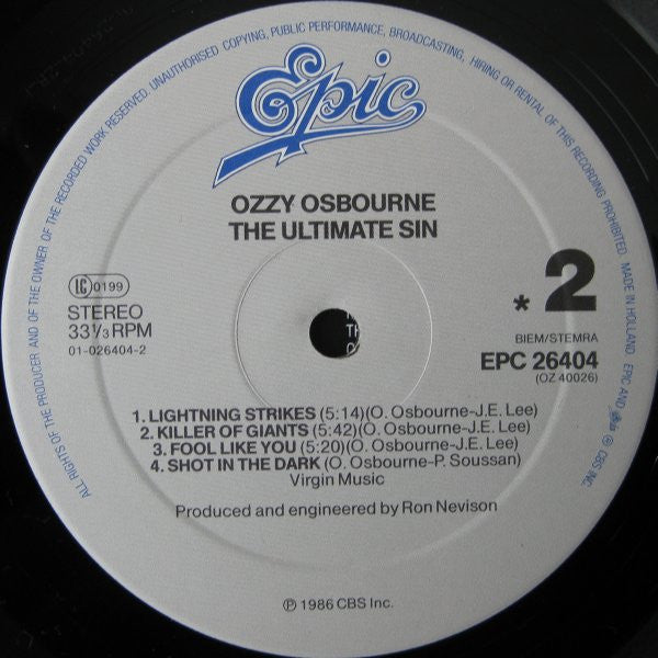 Ozzy Osbourne : The Ultimate Sin (LP, Album)