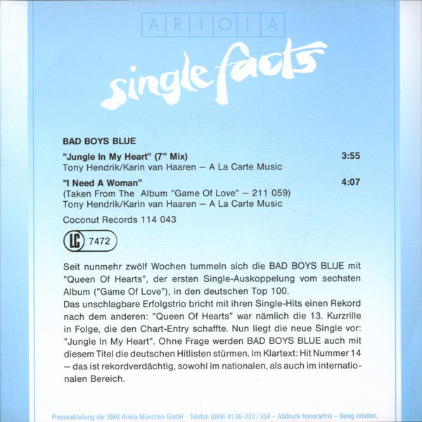 Bad Boys Blue : Jungle In My Heart (7", Single)