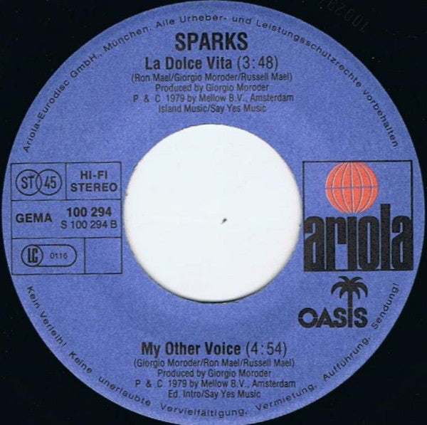 Sparks : La Dolce Vita (7", Single)