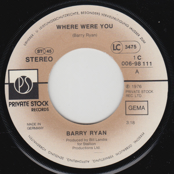 Barry Ryan : Where Were You (7")