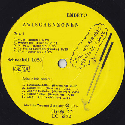 Embryo (3) : La Blama Sparozzi - Zwischenzonen (2xLP, Album)
