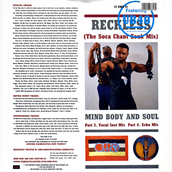 Afrika Bambaataa And Family* Featuring UB40 : Reckless (The Soka Chant Zouk Mix) (12", Single)