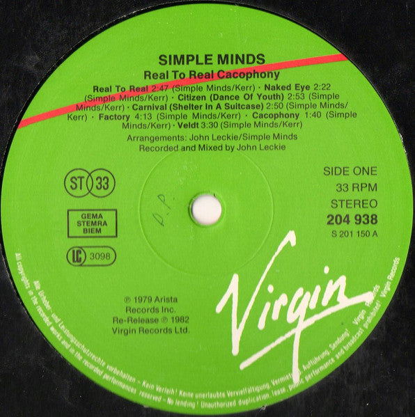Simple Minds : Real To Real Cacophony (LP, Album, RE)