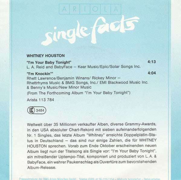 Whitney Houston : I'm Your Baby Tonight (7", Single)