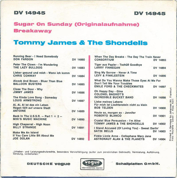 Tommy James & The Shondells : Sugar On Sunday (7", Single)