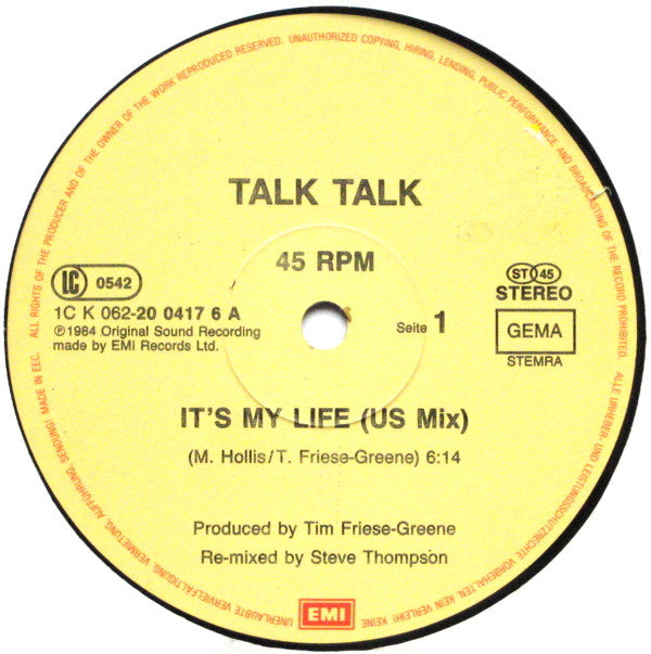 Talk Talk : It's My Life (US Mix) (12", Maxi)