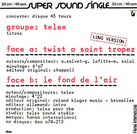 Telex : Twist A Saint Tropez (Long Version) (12", Single)