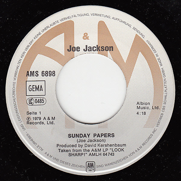Joe Jackson : Sunday Papers (7", Single, M/Print)
