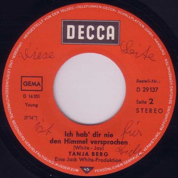 Tanja Berg : Komm Wieder, Wenn Du Frei Bist / Ich Hab' Dir Nie Den Himmel Versprochen (7", Single)