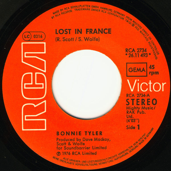 Bonnie Tyler : Lost In France (7", Single, Ora)