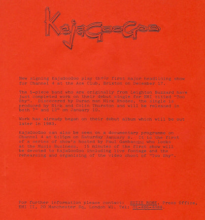 Kajagoogoo : Too Shy (Midnight Mix) (12", Single)