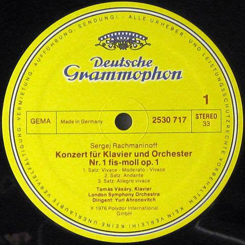 Sergei Rachmaninov* - Tamás Vásáry, London Symphony Orchestra, Yuri Ahronovitch : Klavierkonzerte = Piano Concertos 1&2 (LP, Album)