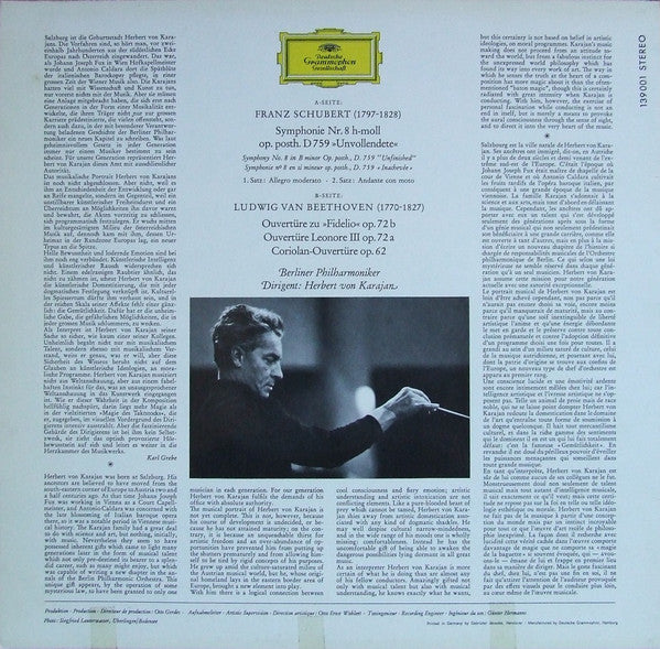 Franz Schubert / Ludwig van Beethoven : Berliner Philharmoniker · Herbert von Karajan : Symphonie Nr. 8 »Unvollendete« / Fidelio · Leonore III · Coriolan (Ouvertüren) (LP)