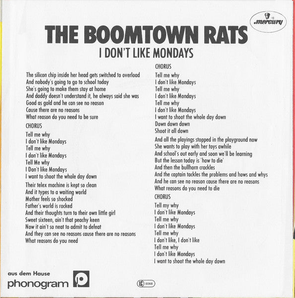 The Boomtown Rats : I Don't Like Mondays (7", Single)